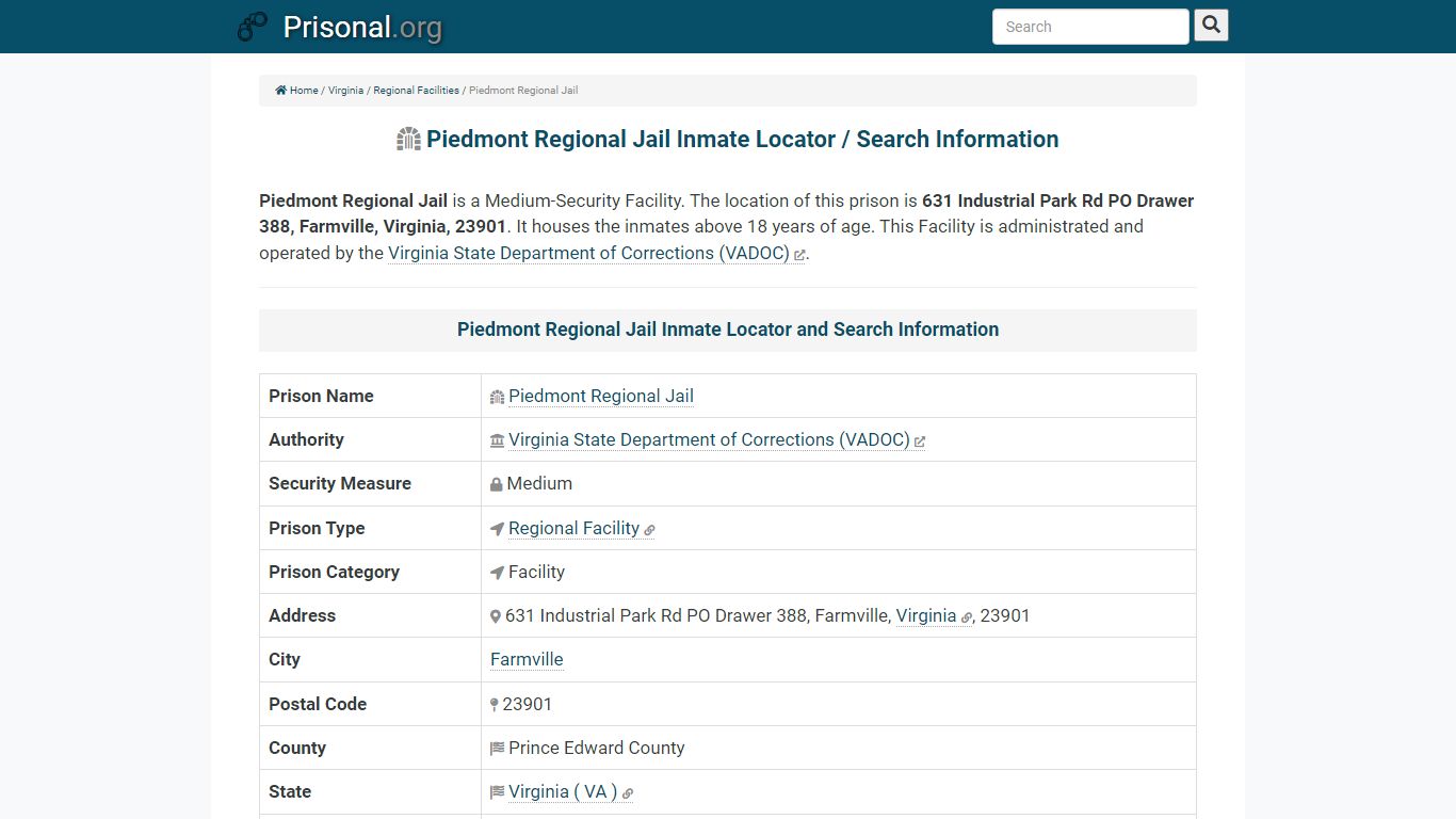 Piedmont Regional Jail Inmate Locator / Search Information