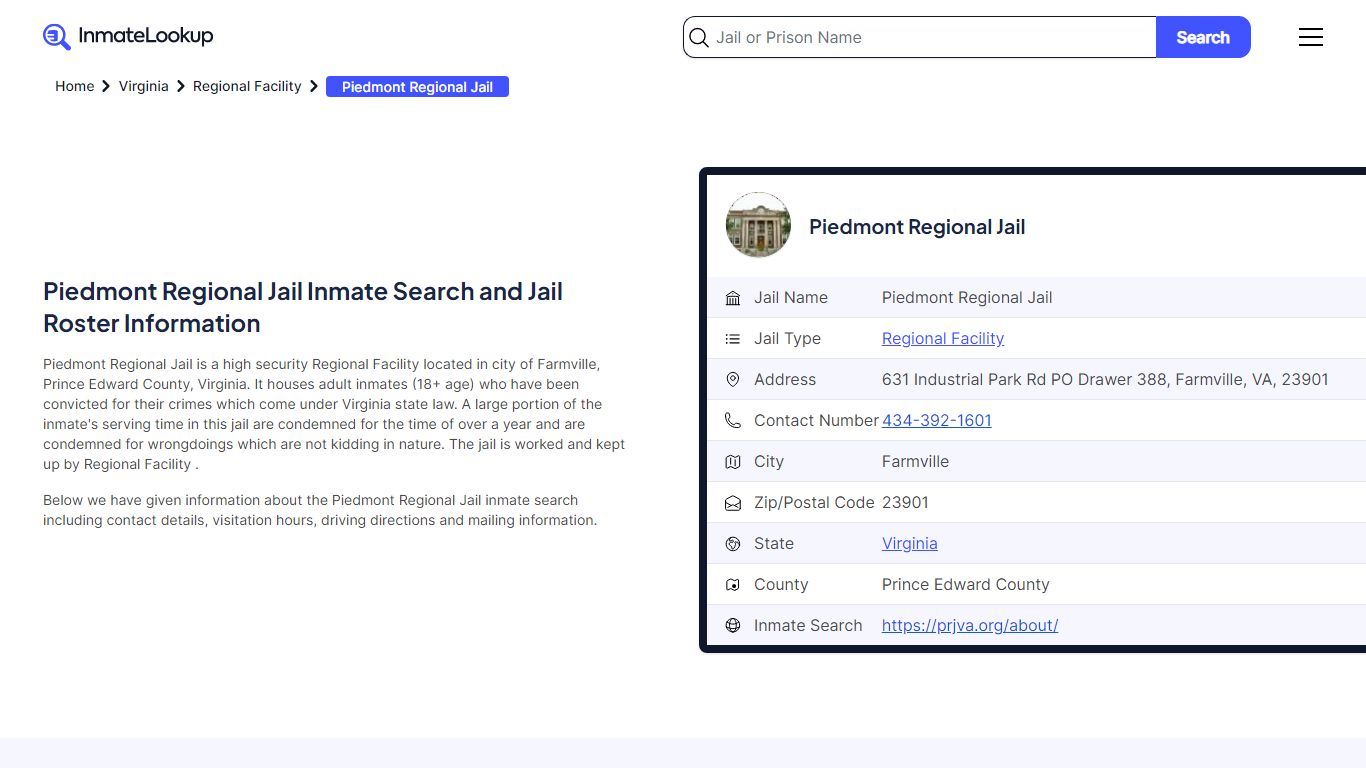 Piedmont Regional Jail Inmate Search and Jail Roster Information