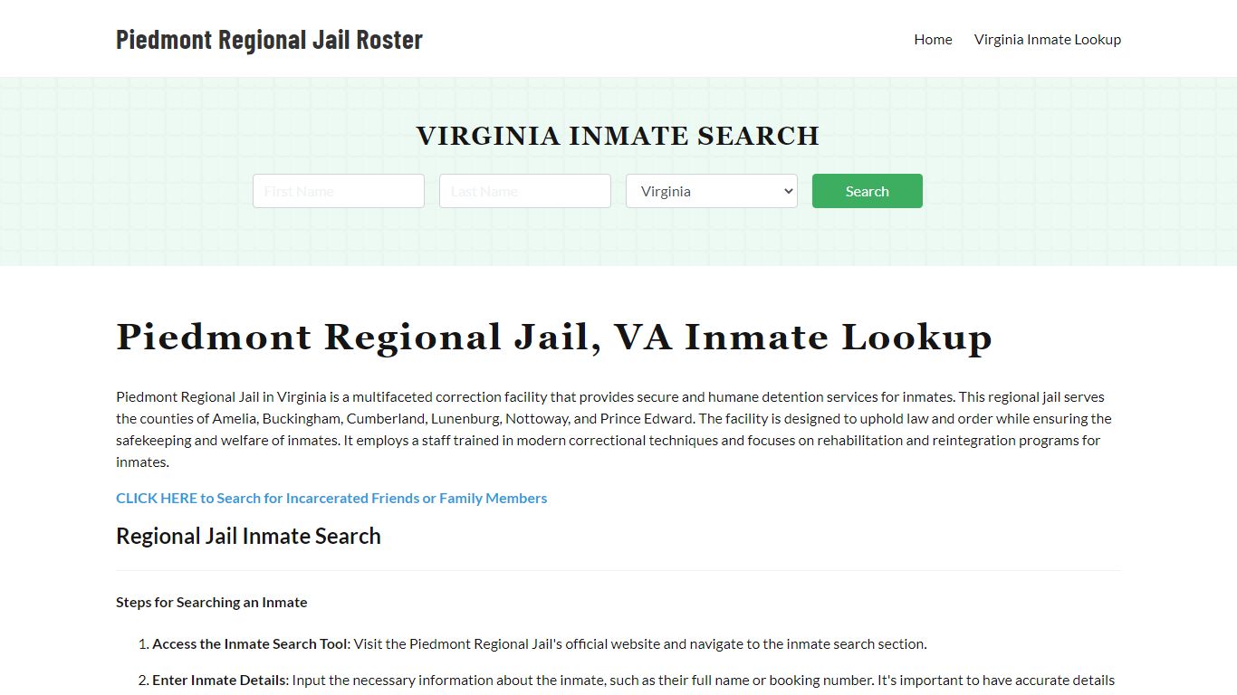 Piedmont Regional Jail, VA Inmate Roster, Offender Search